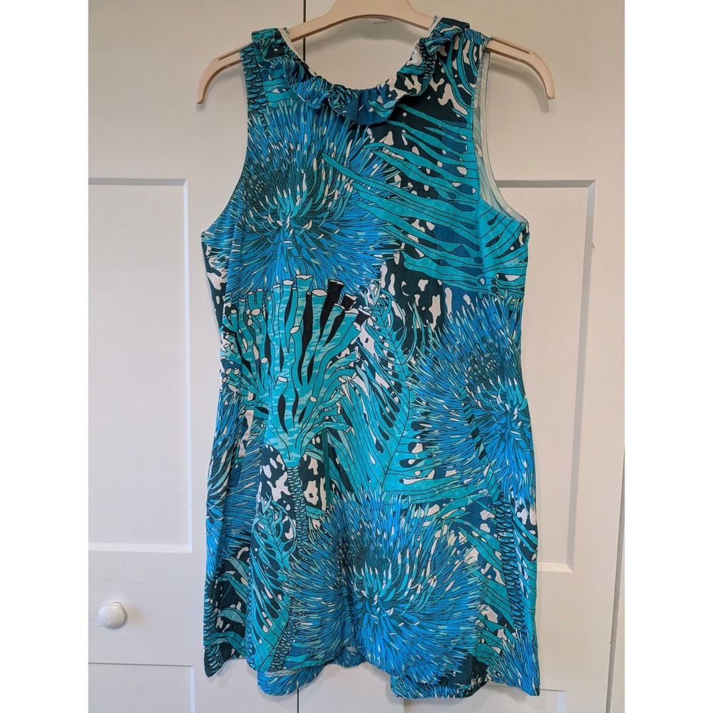Tyler Boe Blue Botanical Print Linen Blend Ruffle Neck Shift Dress Medium
